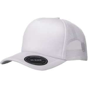 A white trucker cap featuring a solid front and mesh sides, complete with a branding logo.
