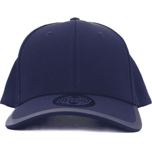 A navy cap with a curved peak and a branding logo on the front.