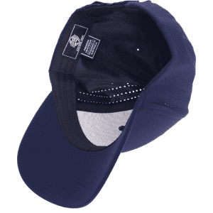 A navy cap with a curved brim, featuring an inner lining and a branding label inside.