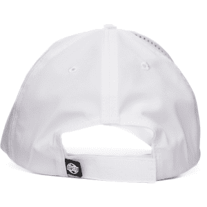 A white cap featuring a branding logo, displayed from the back. The cap has a snapback closure.