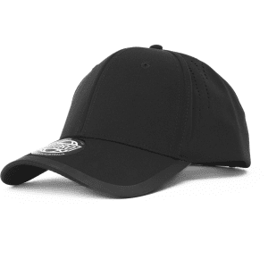 A black cap featuring a logo on the front and ventilation holes on the side.