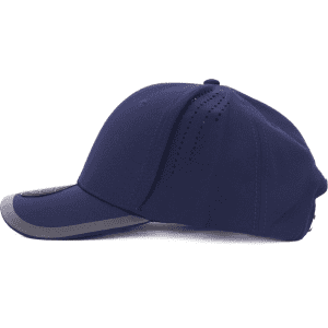 A navy cap with a curved brim and perforations for ventilation. It features a logo on the front.