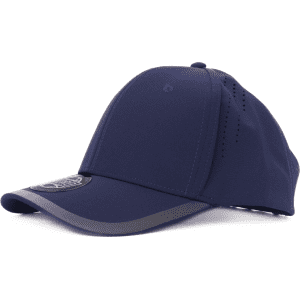 A navy cap with a curved brim, featuring a logo on the front and ventilation holes on the sides.