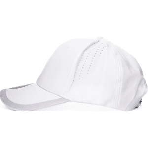 A white cap with a grey peak and ventilation holes, featuring a logo on the side.