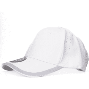 A white cap with grey accents and a logo on the front. The design features ventilation holes on the sides.