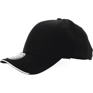 A black cap with a six-panel design and contrast piping, featuring a logo on the front.