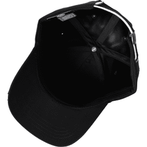 A black 6-panel cap with cotton twill contrast piping and an interior view. It features a logo inside.