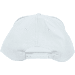 A white cotton cap featuring a Velcro closure and a branded logo on the back.