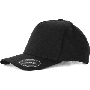 A black Prado 5 Panel Cotton Cap featuring a Velcro closure and a visible brand logo.