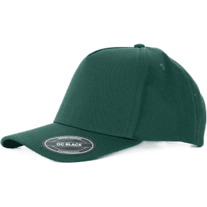 A dark green 5-panel cotton cap with a Velcro closure and a logo on the side.