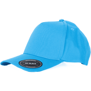 A bright blue cotton cap with a curved brim and Velcro closure, featuring a logo on the front.
