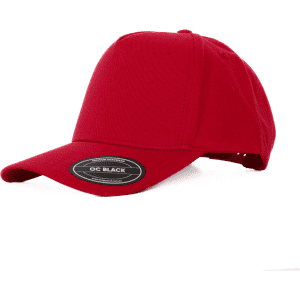 A red cotton cap with a curved brim and Velcro closure, featuring a logo on the side.