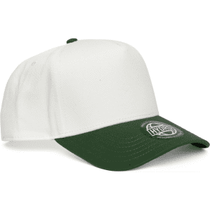A white and green two-tone cap featuring a logo on the front. Suitable for headwear.
