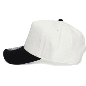 A two-tone cap featuring a black peak and a white crown, with a logo on the front.