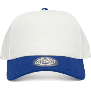 A two-tone cap featuring a white front and a blue brim. It has a logo on the front.