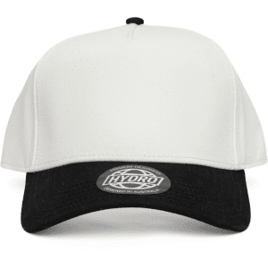 A two-tone cap featuring a white crown and a black brim, with a logo on the front.