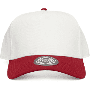 A two-tone cap featuring a white front and a red visor. The cap has a logo on the front panel.