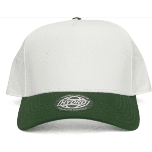 A two-tone cap featuring a white crown and a dark green peak, with a brand logo on the front.