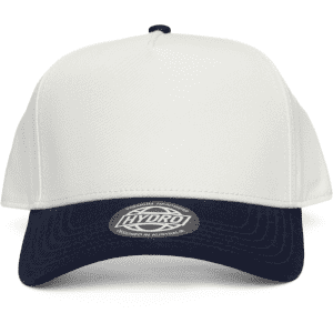 A two-tone cap featuring a white crown and a navy peak. It has a logo on the front.
