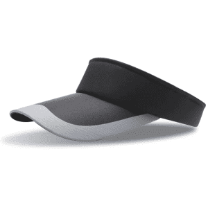 A black and grey sun visor with a wide brim, featuring a soft band for comfort and a logo.