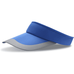 A blue and grey sun visor featuring a curved peak and a soft band, with a logo on the side.
