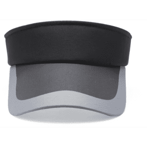 A black and grey sun visor featuring a wide brim and a smooth design. The product includes a logo.