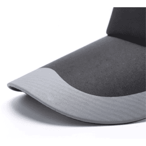A sun visor in black and grey with a curved brim and a smooth texture, featuring a logo.