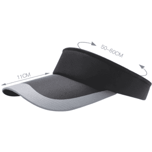 A sun visor in black and grey with an adjustable band, featuring a curved brim and dimensions indicated.