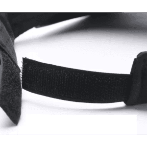 A black sun visor with a Velcro strap for adjustability, showcasing its textured material.