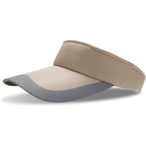 A sun visor in beige and grey, featuring a wide brim and a padded headband, with a logo on it.