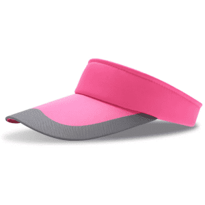 A pink and grey sun visor with a wide brim and adjustable band, featuring a logo on the band.
