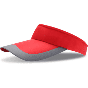 A red and grey sun visor with a wide brim and adjustable band. It features a logo on the band.