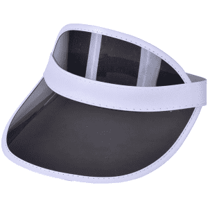 A PVC sun visor featuring a white band and a dark transparent brim. The product has a simple design with a logo.