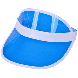 A blue PVC sun visor with a white band and a transparent front panel, featuring a logo.