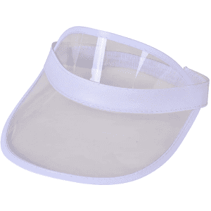 A white PVC sun visor with a transparent shield, featuring an adjustable band and a logo.