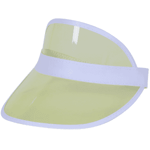 A yellow PVC sun visor with a white band and a curved brim, featuring a logo on the band.