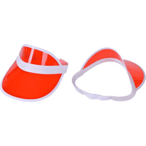 A red PVC sun visor with a white band, featuring a logo, displayed from two angles.