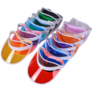 A collection of PVC sun visors in various colours including orange, pink, green, blue, purple, and red, with white straps.