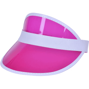 A pink PVC sun visor with a white band. The visor features a large, curved, translucent front.