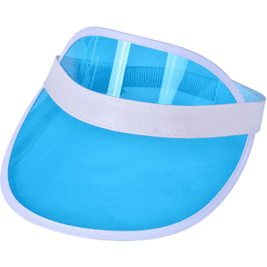 A blue PVC sun visor with a white band, featuring a curved visor shape and a clear, reflective surface.