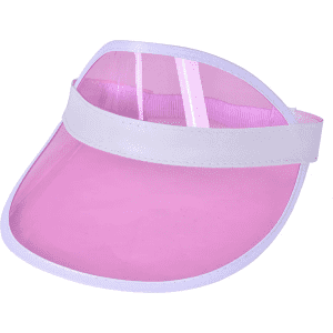 A pink PVC sun visor with a white band and translucent visor, featuring a logo on the band.