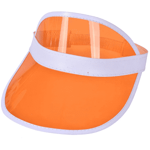 An orange PVC sun visor with a white band and clear visor section, featuring a logo on the front.