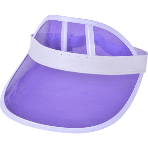 A purple PVC sun visor with a white band and adjustable strap. Features a transparent visor shield.