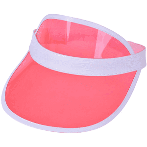 A pink PVC sun visor with a white band, featuring a transparent visor design.