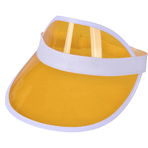 A yellow PVC sun visor with a white band and a transparent shield. It features a logo on the band.