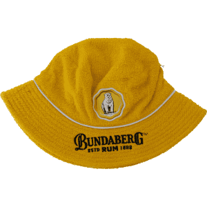 A yellow Terry Bucket Hat featuring a logo on the front and a contrasting trim around the brim.