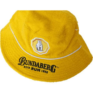 A yellow terry bucket hat with a white trim and a logo on the front.