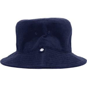 A navy terry bucket hat featuring a logo, designed for casual headwear with a wide brim.