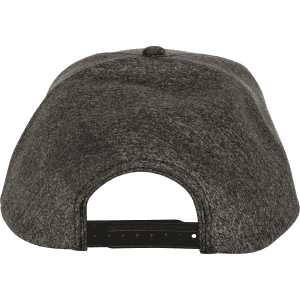 A black and grey two-panel cap with a round back and adjustable strap. The cap features a logo.