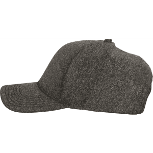 A dark grey, two-panel cap featuring a sleek design and no visible seams. It includes a logo on the side.